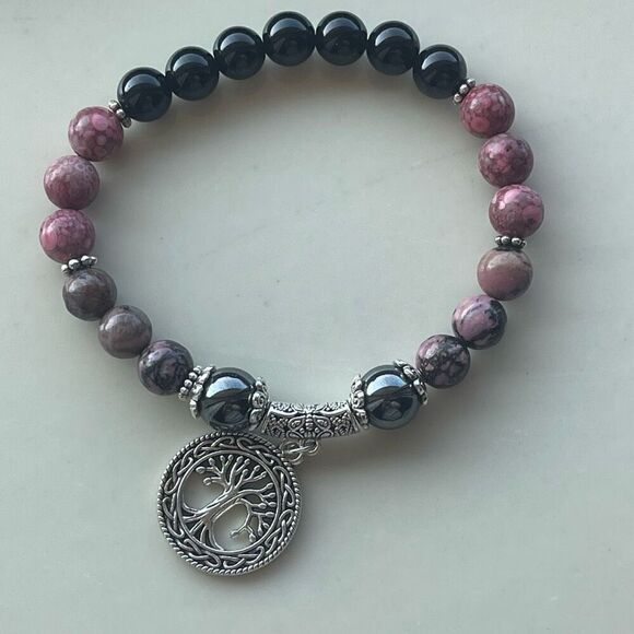 Rose coral jasper rhodonite hematite obsidian tree of life ONE NEW stretch brace - Picture 7 of 16